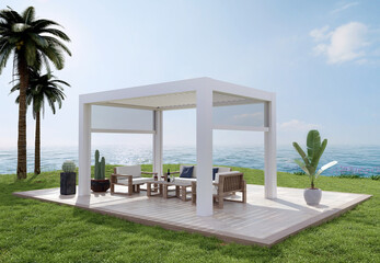 3D render of luxury outdoor patio with sea view
