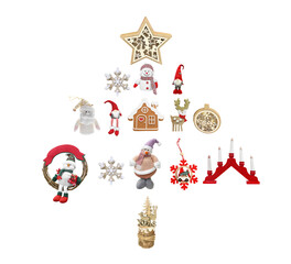 Christmas tree concept. Christmas figurines are laid out in the shape of a Christmas tree. snowman, snowflake, dwarf, wooden figurine, santa claus isolated on white background