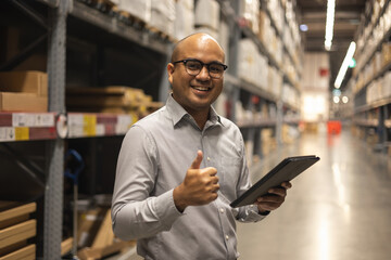 Young manager worker checklist manage parcel box product in warehouse. Asian supervisor man using...