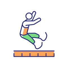 Long jump RGB color icon. Athletes compete jumping for distance. Horizontal jump. Track and field sports. Sportsman with prosthesis. Isolated vector illustration. Simple filled line drawing