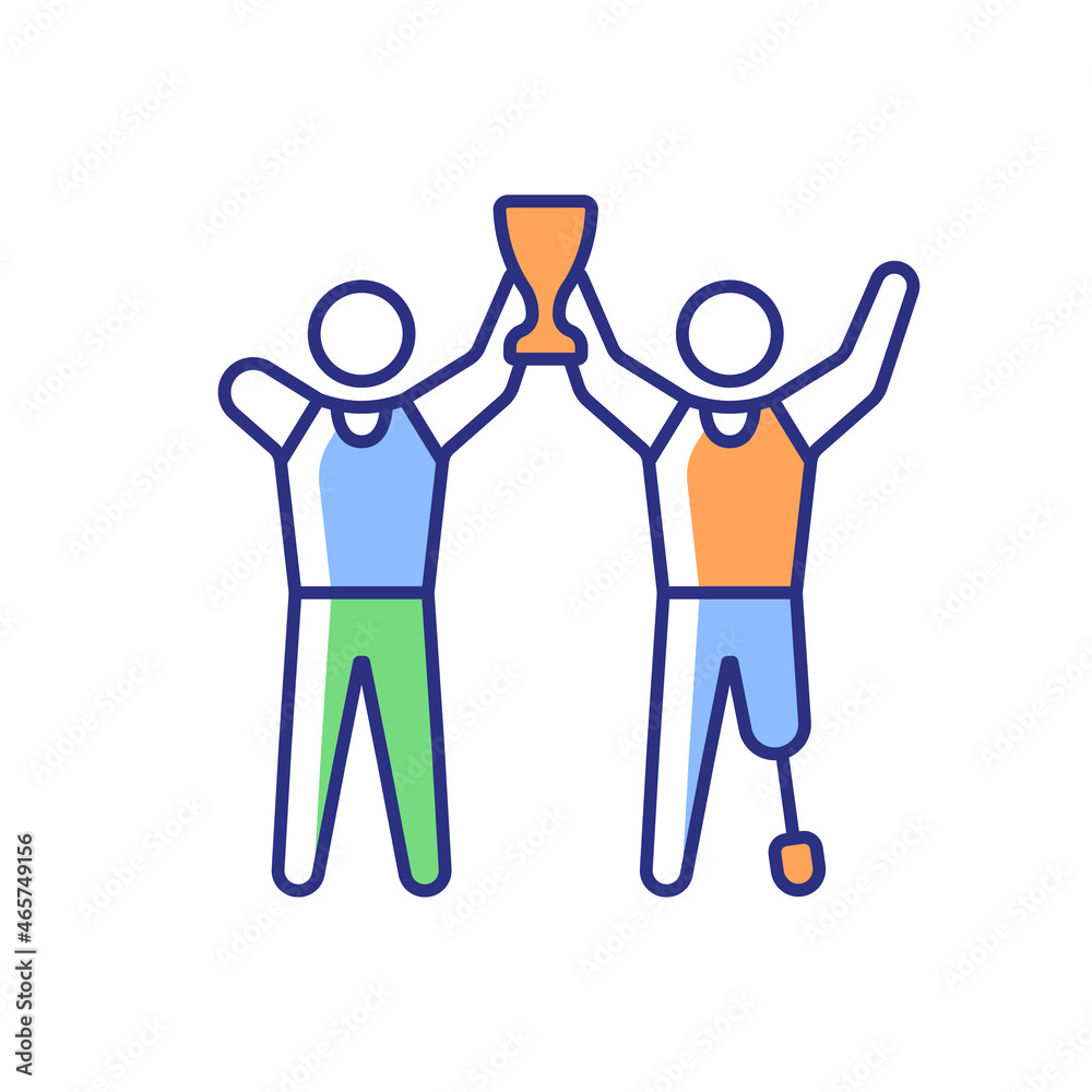 Poster Sportsman with physical disability RGB color icon. Adaptive sport competition winners. Athletes with prize. Athlete with disability. Isolated vector illustration. Simple filled line drawing