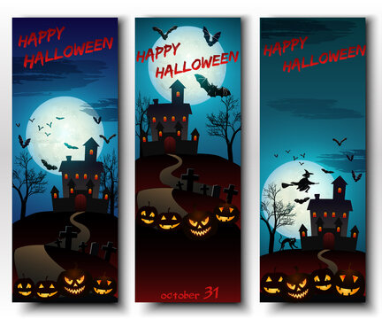 Set of vertical Halloween banners with haunted house and smiled pumpkins.