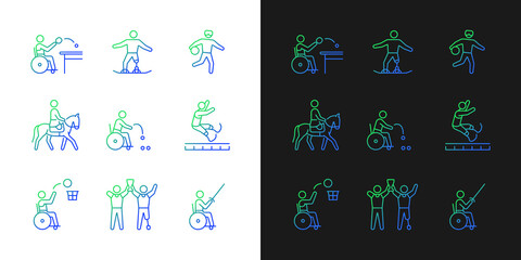 Sport championship gradient icons set for dark and light mode. Athletes with physical disability. Thin line contour symbols bundle. Isolated vector outline illustrations collection on black and white