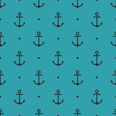 Seamless pattern with black anchor on a blue background. Vector illustration.