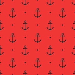 Seamless pattern with black anchor on a red background. Vector illustration.