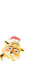 Cute tiger in a Christmas cap peeks out in watercolor by hand on a white background