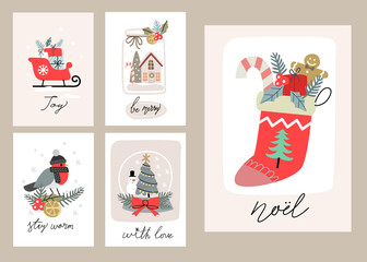 Fototapeta premium Merry Christmas and Happy New Year set greeting cards with hand calligraphy.