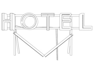 Contour of an advertising rack with the word hotel from black lines isolated on a white background. Front view. Vector illustration