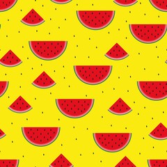 Sweet watermelon on a yellow background with black seed. Summer background. Bright print on the fabric.