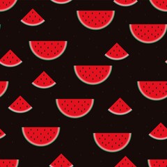 Sweet watermelon on a dark background with black seed. Summer background. Bright print on the fabric.