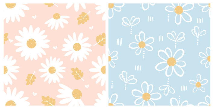 Seamless patterns with cute hand drawn daisy flower on pink and blue backgrounds vector illustration. 