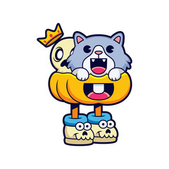 Funny doodle cat with pumpkin cartoon