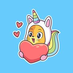 Cute unicorn cat with big love cartoon