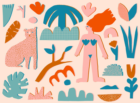 Modern Tropical summer cut out paper collage illustration with women, tiger, plants, palms and trees. High quality photo