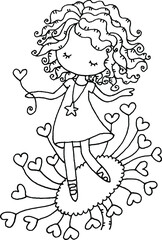 vector Girl with curly hair stand on a big flowers 