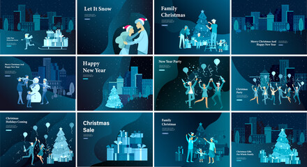 Set of Landing page template or greeting card. Friend or colleagues celebrates Merry Christmas, Happy New Year corporate party, girl to drag sleigh with lot gifts