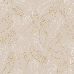 Vector seamless pattern. Vector female beauty hands silhouette. Editable outline stroke size. Line flat contour, thin and linear design. Simple icons. Concept illustration.
