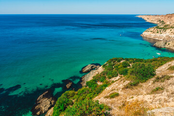 Panoramic sea view on Cape Fiolent in Crimea. A famous place for tourists on the Black Sea coast with azure water