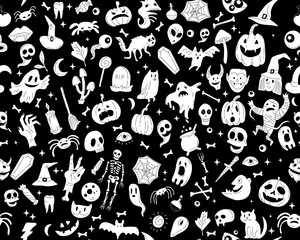 Halloween orange festive seamless pattern. Endless background with pumpkins, skulls, bats, spiders, ghosts, bones, candies, spider web and speech bubble with boo