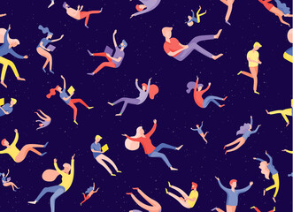 Vector seamless pattern with inspired People flying in space and interacting with gadgets and papers. Characters set moving and floating in dreams, imagination and inspiration. Vector
