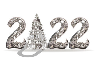 Christmas card design with festive  tree and numbers 2022 from shiny diamonds.  Happy New Year Banner with 2022 Numbers. Hand drawn vector illustration.