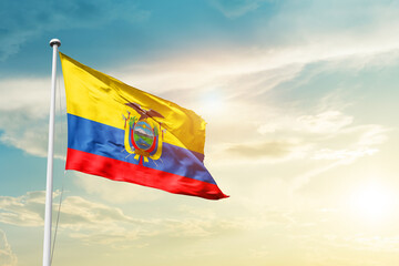 Ecuador national flag cloth fabric waving on the sky - Image - obrazy, fototapety, plakaty