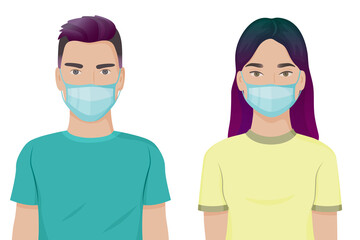 Stylish boy and girl wearing protective medical masks. Teens in t-shirts with bright colorful hair in protective medical masks. Vector illustration isolated on white background.