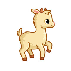 Cute kid stands on a white background. Cartoon farm animal. Vector illustration with goat.