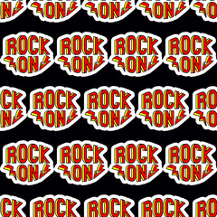 Seamless pattern with "Rock on" sticker isolated on black background. Modern wallpaper for textiles, fabrics, wrapping papers, etc.	