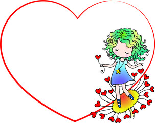 vector cartoon cute girl with heart shape border background