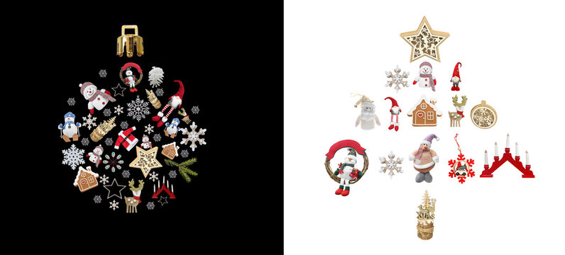 Christmas collection of figures isolated on a black and white background. christmas ball and christmas tree concept. New year collection. Christmas items are laid out in the shape of new year boble 