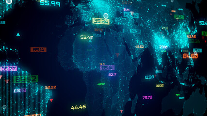 Perspective View Futuristic Bluish Green Market Data Business And Financial Concept With Shinny Digital Numbers And Dotted World Map Background