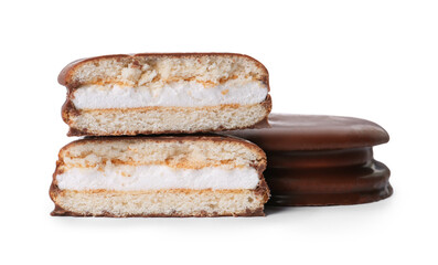Delicious choco pies on white background. Classic snack cakes