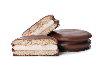 Delicious choco pies on white background. Classic snack cakes