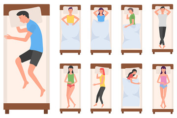 People character sleeping in bed, woman, man sleep