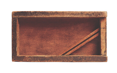 wooden half-open box with lid on white background