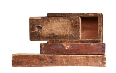 wooden half-open box with lid on white background