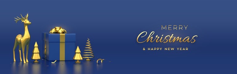 Christmas banner. Composition from gift box with golden bow gold deer and golden metallic pine, spruce trees. New Year cone shape trees. Xmas background, greeting card, header. Vector 3D illustration.