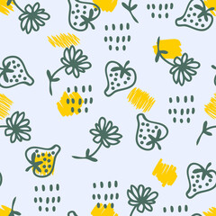 Strawberries and flowers doodle seamless pattern. Perfect for scrapbooking, textile and prints. Hand drawn vector illustration for decor and design.
