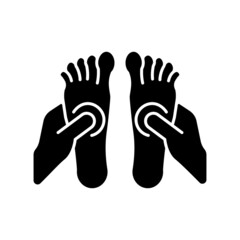 Reflexology black glyph icon. Applying pressure to feet. Therapeutic massage technique. Improve circulation. Release energy blockages. Silhouette symbol on white space. Vector isolated illustration