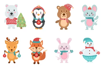 Zelfklevend behang Speelgoed Set kerst schattige dieren, sneeuwmannen karakter.