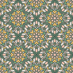 Abstract seamless mandala background. Texture in yellow and pale green colors. Oriental pattern for design, fashion print, scrapbooking