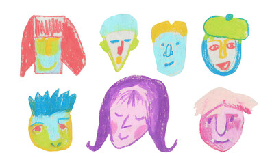 Fototapeta premium Set of wax crayons illustrations with portraits of people on a white isolated background.Children's collection of hand-drawn in pastel.Simple pencil clip art.Designs for stickers,packaging,cards.