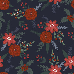 Beautiful seamless Christmas pattern with red flowers, berries and branches vector