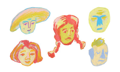 Set of wax crayons illustrations with portraits of people on a white isolated background.Children's collection of hand-drawn in pastel.Simple pencil clip art.Designs for stickers,packaging,cards.
