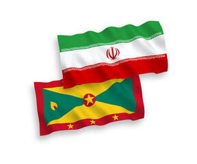 National vector fabric wave flags of Grenada and Iran isolated on white background. 1 to 2 proportion.