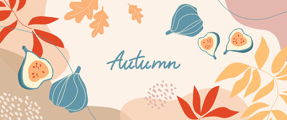 Multicolored banner with autumn leaves and figs. Abstract  background for social networks. Web template for event invitation, discount coupon, advertising and promotional events - Vector illustration.