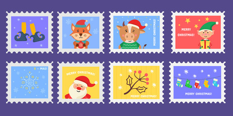 Set Christmas postage stamp, postmarks or stickers