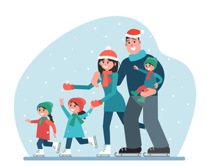 Big happy family at the rink. Parents and children on active holidays. Christmas concept. Vector illustration in a flat style