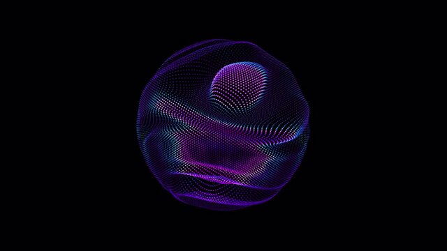 Looped distortion waves on abstract sphere of particles. Digital data splash of spherical point array. Futuristic glitch UI element